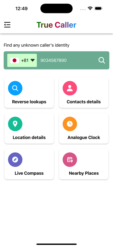 True Caller - Caller Id - Pantalla de inicio de la aplicación True Caller que muestra una barra de búsqueda de números desconocidos e iconos de funciones de utilidad.