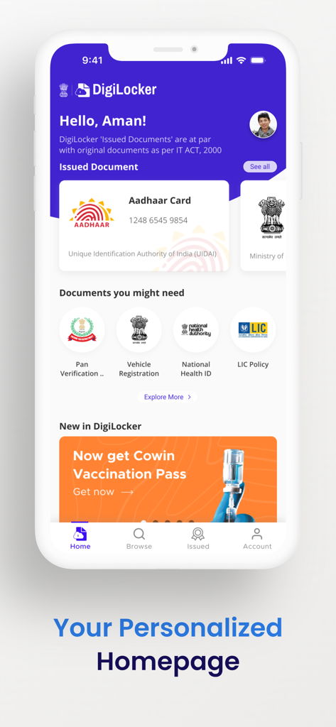 DigiLocker 모바일 앱의 개인화된 홈페이지, Aadhaar 카드와 디지털 문서 카테고리 표시