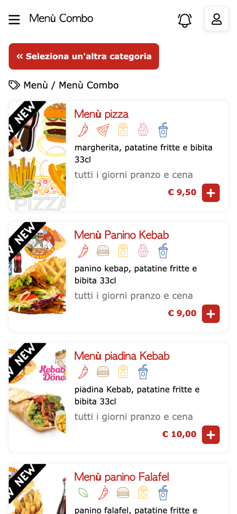 Il Capriccio del Faraone - Captura de pantalla de la pantalla del menú combinado en la app de reparto de comida Il Capriccio del Faraone con ofertas de pizza y kebab y sus precios