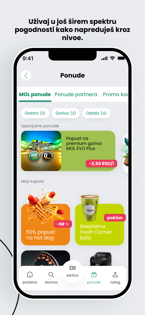 La aplicación móvil MOL Move Serbia mostrando la pantalla de ofertas con descuentos en combustible y artículos de comida como perritos calientes y café.