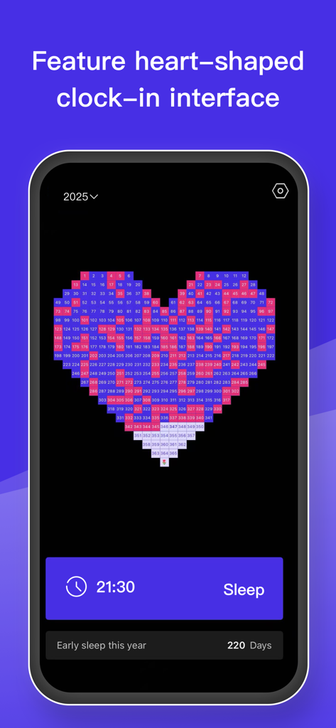 Interfaz de aplicación móvil que muestra un calendario de seguimiento del sueño en forma de corazón durante todo el año.