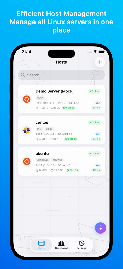 Nexus Terminal - Nexus Terminal mobile app displaying a list of managed Linux servers with status indicators and performance metrics