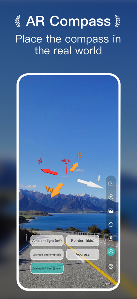 AR Compass 3D - Interface AR Compass 3D affichant les directions cardinales sur un paysage montagneux pittoresque