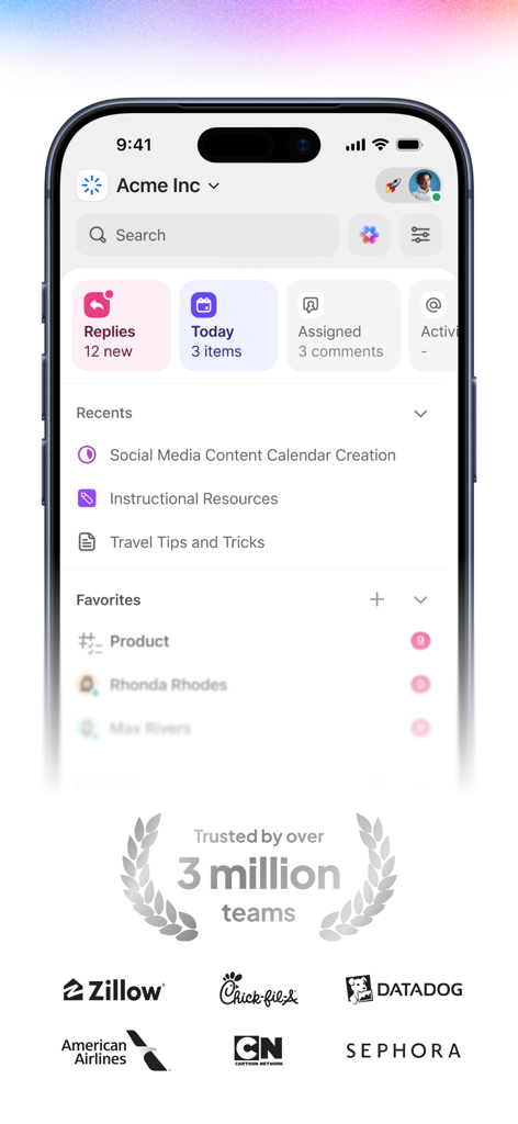 ClickUp mobile app interface showing a workspace dashboard with project tasks and logos of trusted brands like Zillow and Sephora