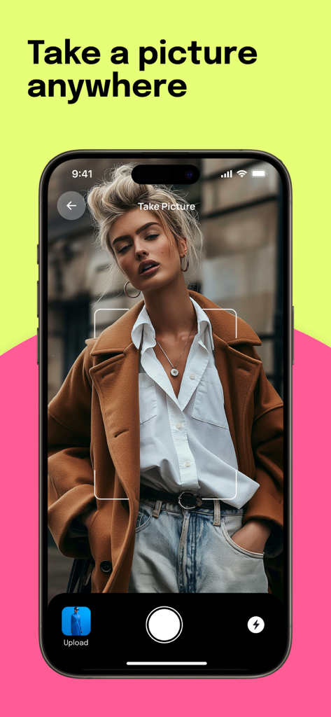 Screenshop app camera interface capturing a stylish outfit to find clothes online