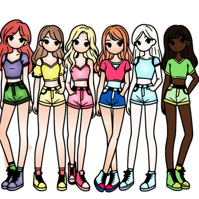a group of girls wearing crop tops and shorts