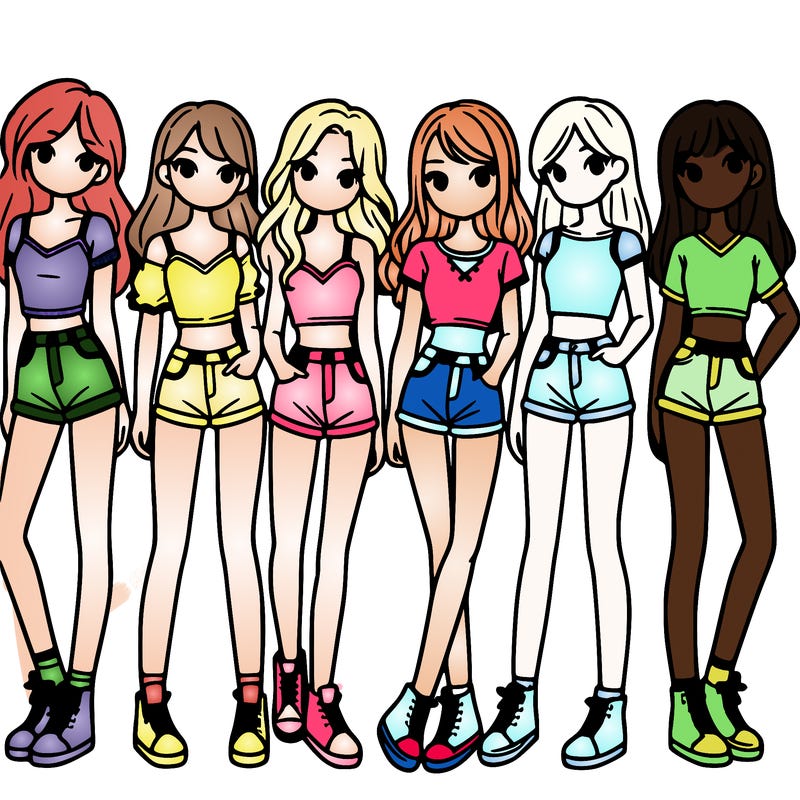 a group of girls wearing crop tops and shorts