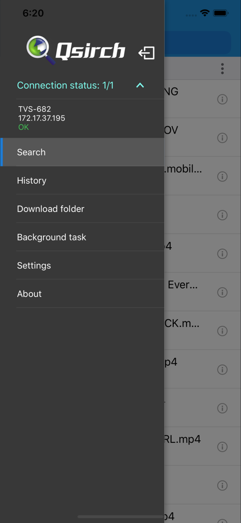 Qsirch - Side menu of the Qsirch app showing navigation options like search history and settings along with the NAS connection status