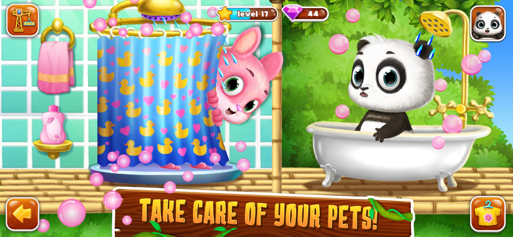 Panda Lu Treehouse - Panda Lu in a bathtub and Bunny Zumzum peeking from behind a shower curtain
