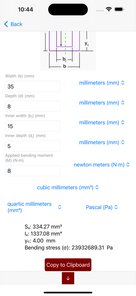 Beam Stress Calculator Beamer - Bending stress calculation interface for a hollow rectangular beam section within the Beamer app