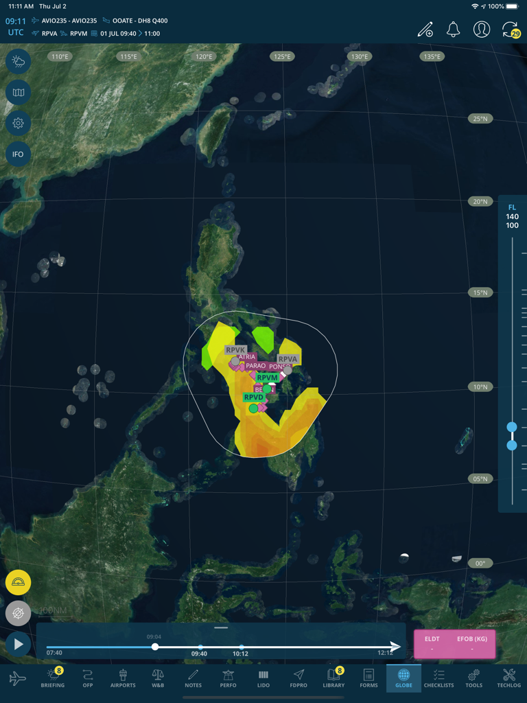 AvioBook Flight - AvioBook Flight electronic flight bag navigation interface showing real time weather data on a globe map