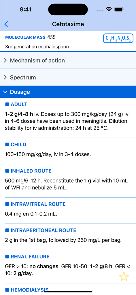 Mensa Guide - Medical app interface showing dosage instructions for the antibiotic Cefotaxime