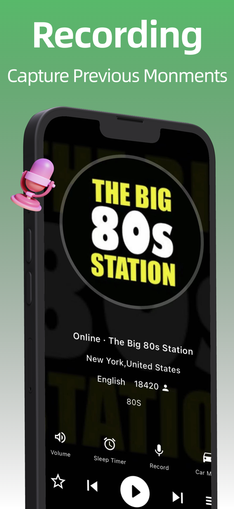 Mobile app screen showing the recording feature of Radio FM while playing a live 80s music station