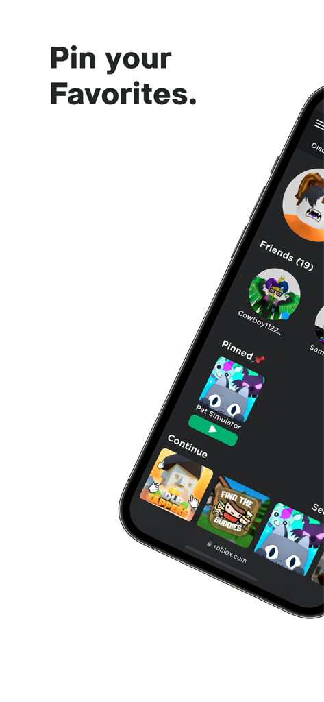 Interfaz móvil de RoGold mostrando juegos favoritos fijados en el sitio web de Roblox
