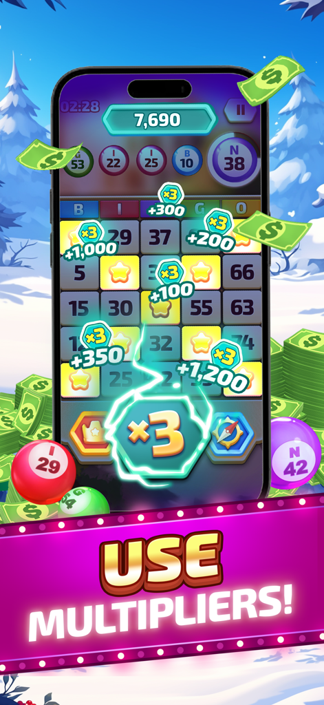 Big Cash Bingo gameplay screen showing point multipliers and scoring on a mobile phone