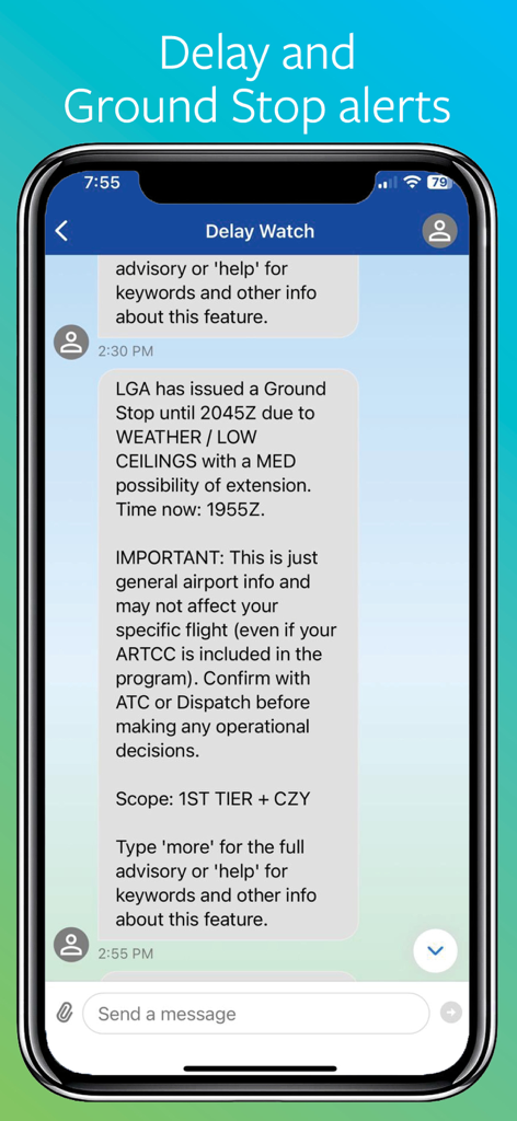Airline crew app displaying ground stop and delay watch notifications