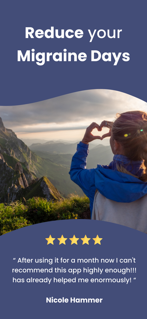 Migraine Buddy: Track Headache - Captura de pantalla de la aplicación Migraine Buddy con un testimonio de usuario de cinco estrellas y el texto Reduce tus Días de Migraña
