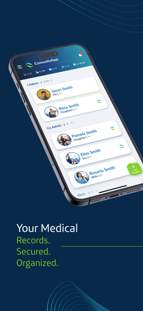 ComunityApp dashboard displaying family members with their blood types and medical records