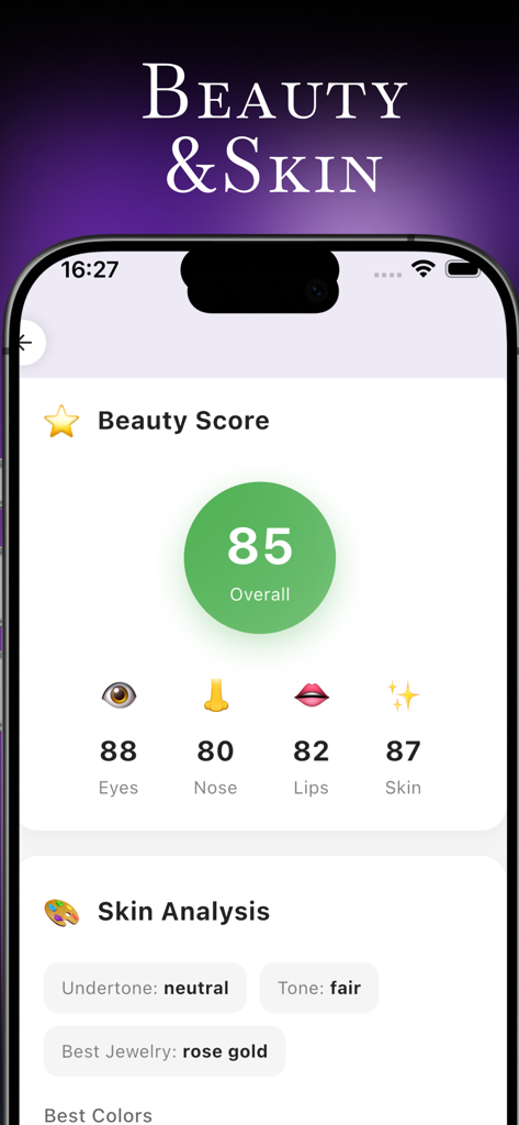 Face Shape Detector:AI Analyze - Mobile app interface displaying an AI beauty score of 85 and detailed skin analysis including neutral undertone and fair tone