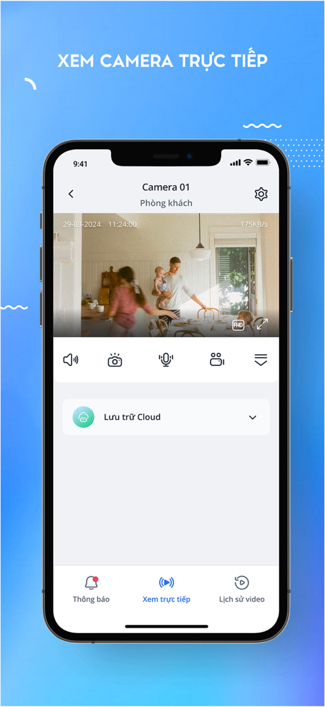 ONE Home - Transmisión de video HD en vivo de una cámara de seguridad inteligente en la interfaz de la aplicación ONE Home.