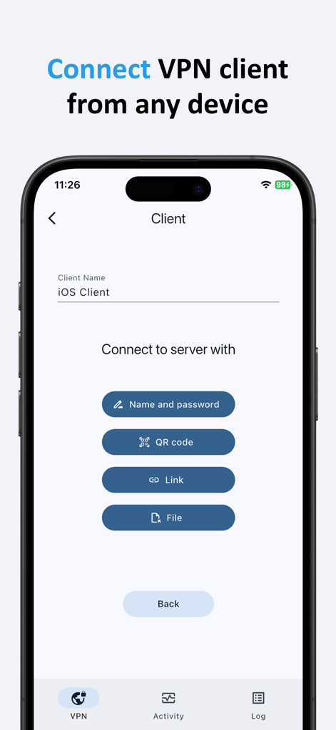 qrvpn 모바일 앱 인터페이스가 QR 코드 링크 및 파일 옵션을 포함한 VPN 클라이언트 연결 방법을 보여줍니다