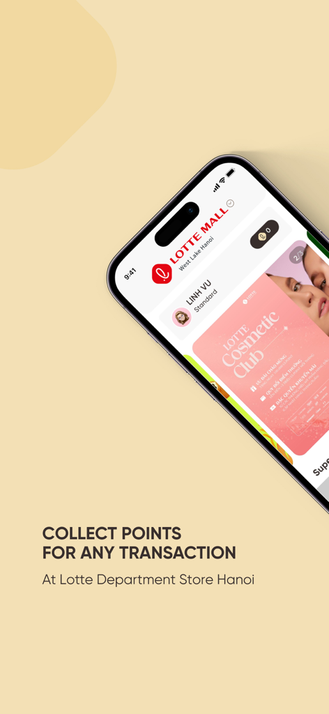 Un telefono cellulare che mostra l'interfaccia dell'app LS.POINT per i punti fedeltà del Lotte Mall West Lake di Hanoi.