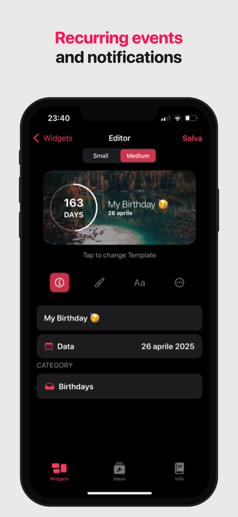 Countdown Widget Plus - Editor screen of Countdown Widget Plus app showing a custom birthday countdown with a nature background