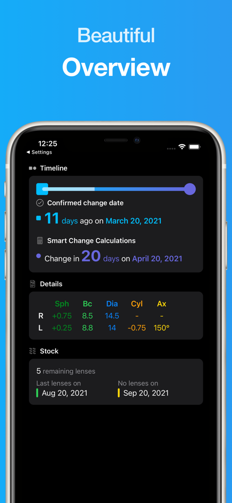 Interface of Lensy app showing contact lens timeline change dates and prescription details