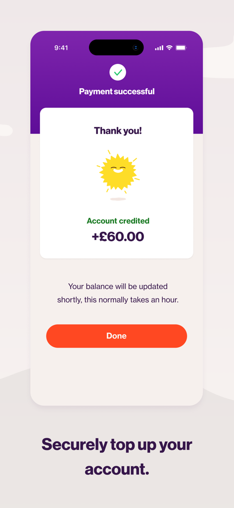 E.ON NEXT - E.ON NEXT app screen showing a successful payment confirmation for a sixty pound account credit
