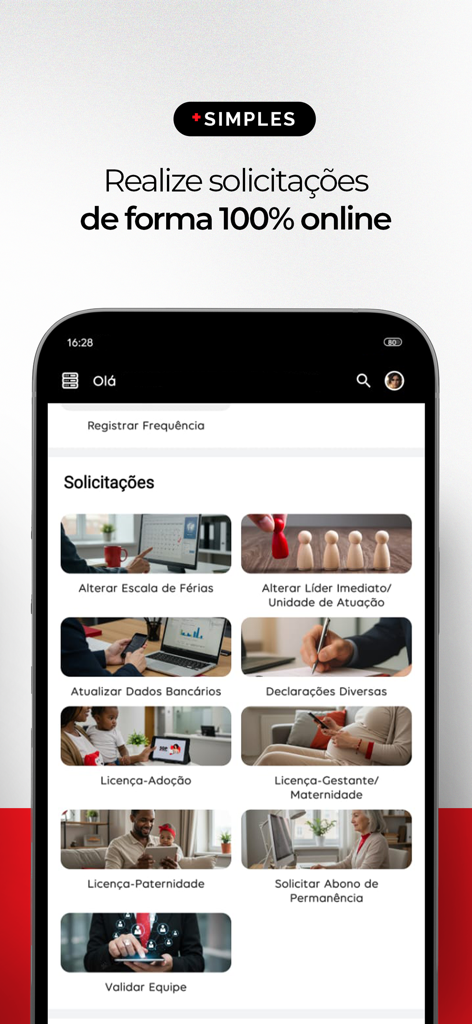 Interfaz móvil de la aplicación SOU.SP.GOV.BR que muestra varias opciones de solicitud de servicios en línea para funcionarios públicos en São Paulo.