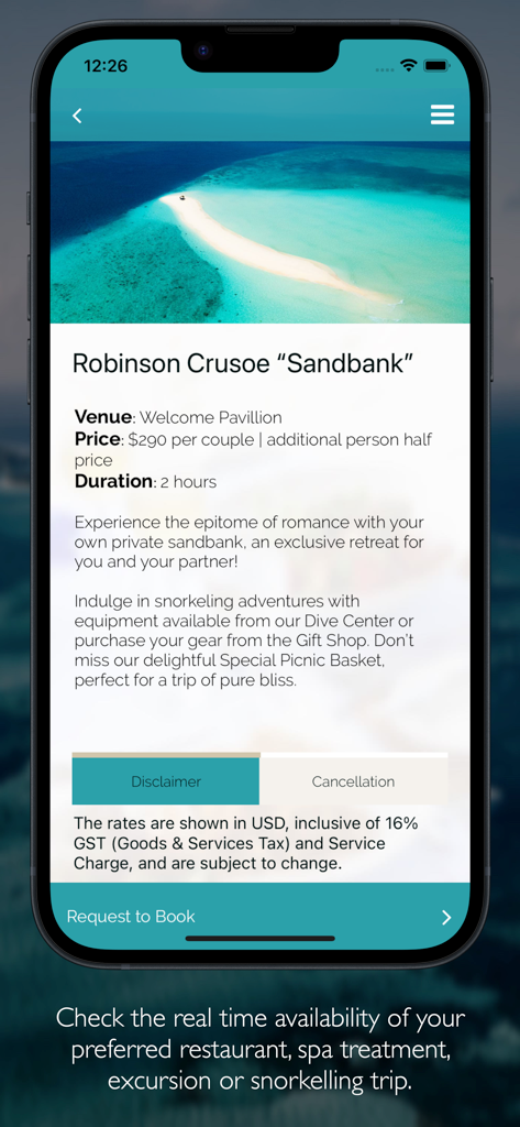 Jawakara - Mobile app screen showing details and booking information for a private sandbank excursion at Jawakara resort.