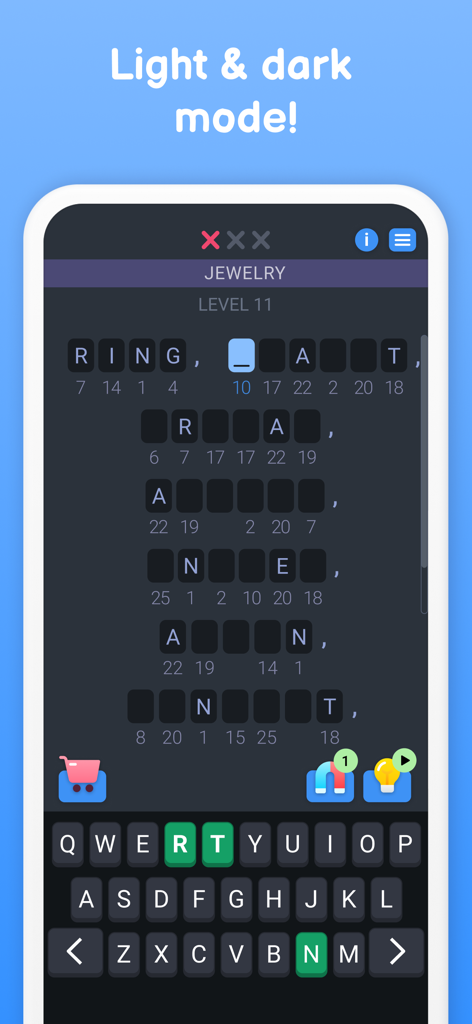 Interfaccia del gioco di puzzle di parole Cipher Master che mostra il tema della modalità oscura e il gameplay crittografico.
