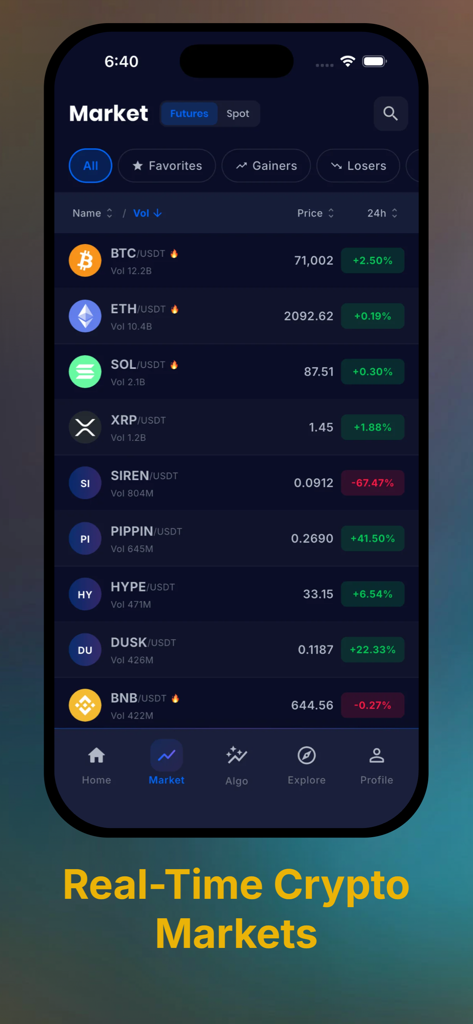 Sindex AI: Crypto Signal Alert - Une interface d'application mobile affichant les prix des cryptomonnaies en temps réel et les données du marché pour le Bitcoin, l'Ethereum et d'autres altcoins
