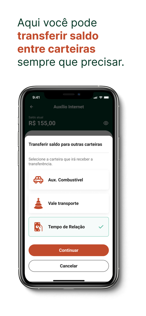Emana Pay Beneficios - Interfaz de la aplicación móvil Emana Pay mostrando cómo transferir saldo entre billeteras de beneficios como combustible y transporte.