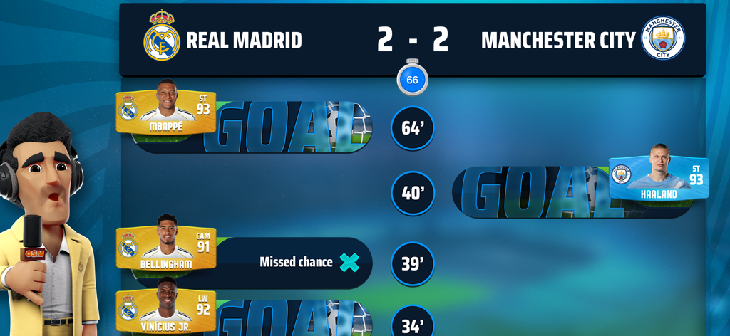 Online Soccer Manager (OSM) - Ein Spielsimulationsbildschirm in Online Soccer Manager, der Real Madrid gegen Manchester City mit einem Ergebnis von zwei zu zwei zeigt.