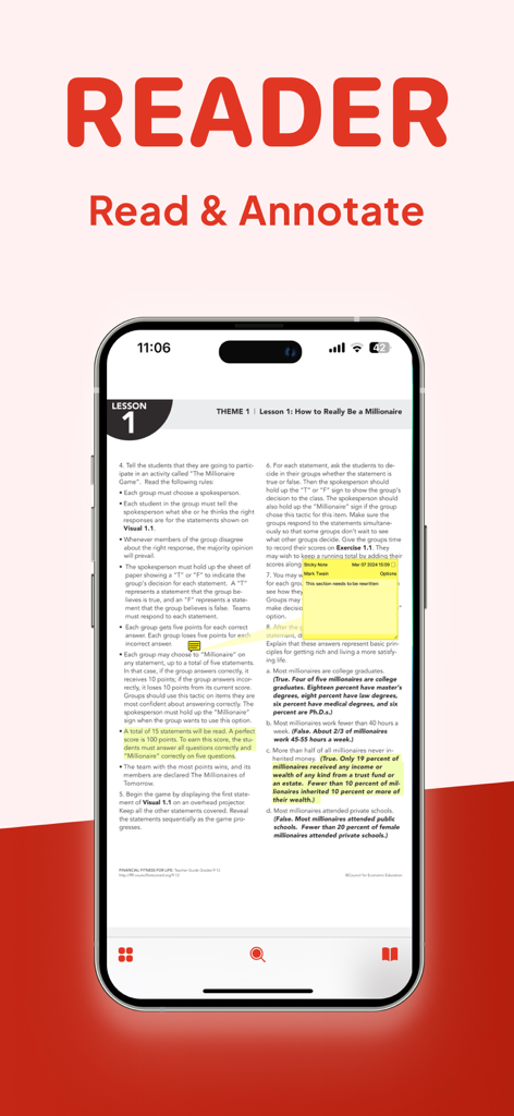 PDF Editor App | Edit Document - Pantalla de iPhone mostrando un documento PDF con resaltados amarillos y una nota adhesiva digital para anotación
