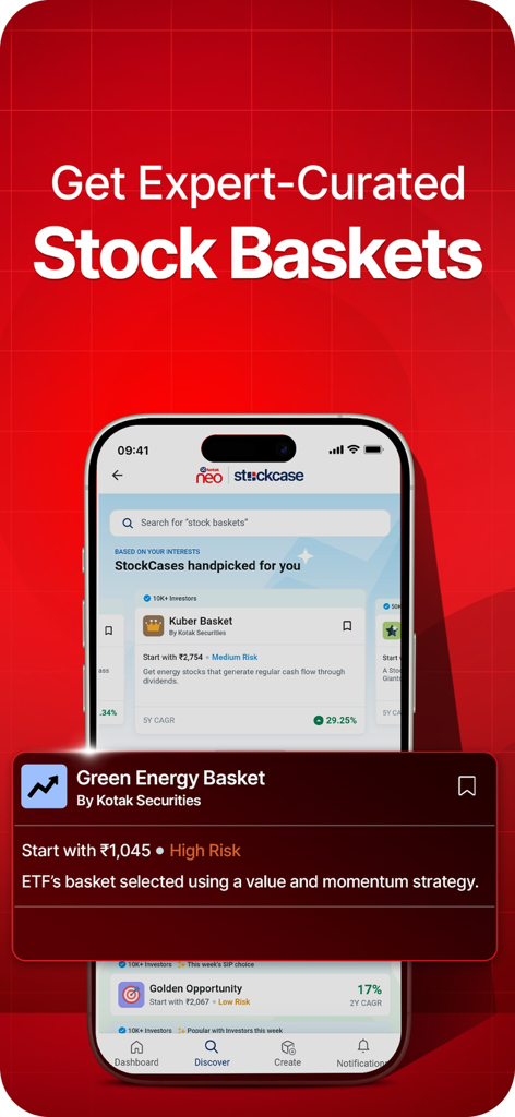 Kotak Neo mobile app interface showing expert curated stock baskets for diversified Indian market investments