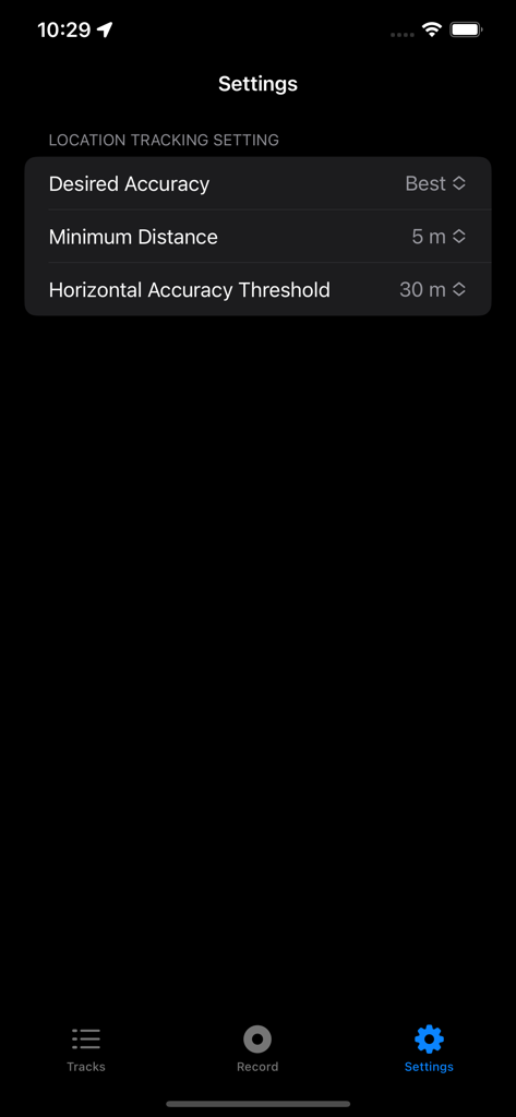 Location Tracker - GPS Logger - Settings menu showing location tracking options for accuracy and distance thresholds in a dark mode interface