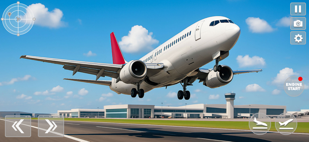 City Plane Flight Sim Games 3D - White passenger airplane taking off from a city airport runway in a 3D flight simulator game