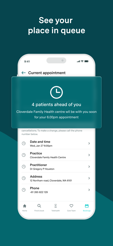 Healthengine app interface displaying a live doctor appointment queue with wait status