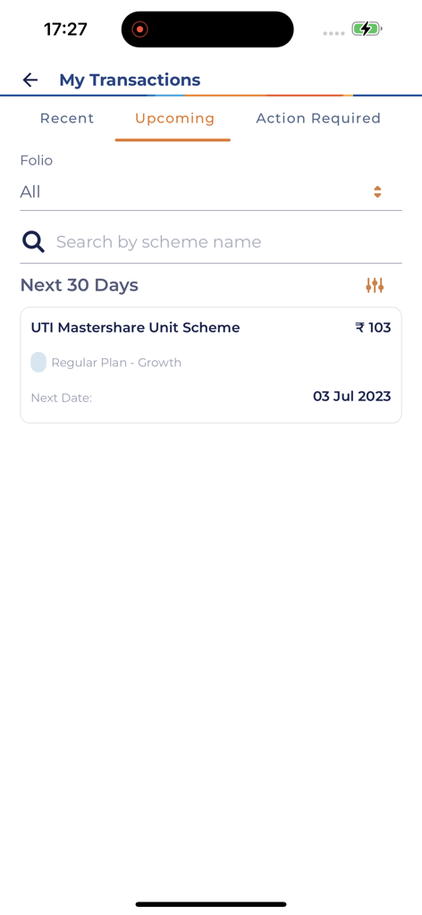UTI Mutual Fund Invest online - A mobile app screen displaying upcoming mutual fund transactions and investment schedules.