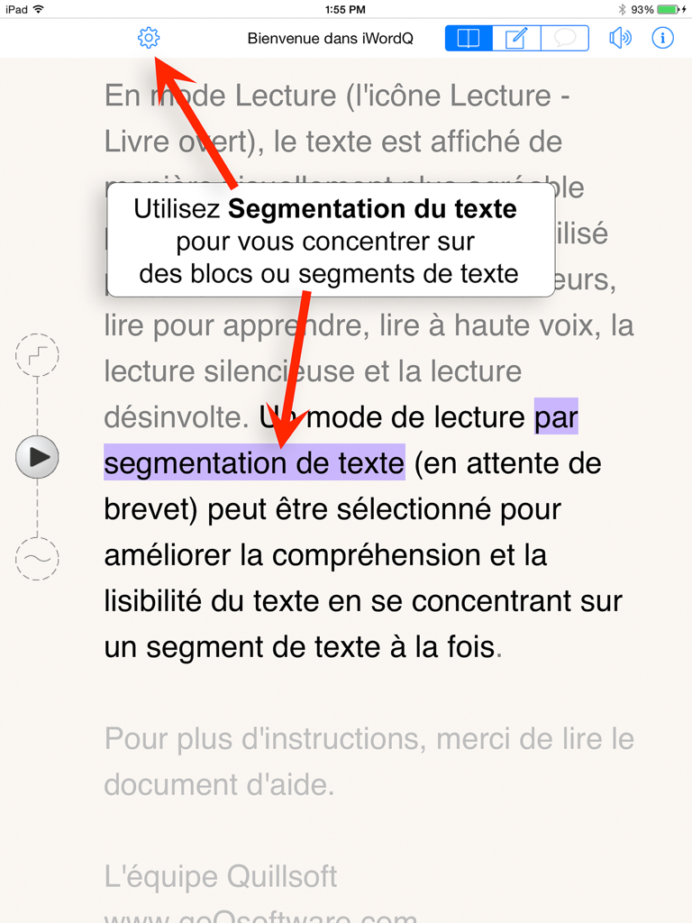 iWordQ EUfr - iPad screenshot of the iWordQ EUfr app showing the text segmentation feature in reading mode