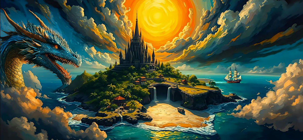 Shadow Era - Trading Card Game - Digital fantasy art of a blue dragon and a gothic castle on a tropical island with a vibrant sun