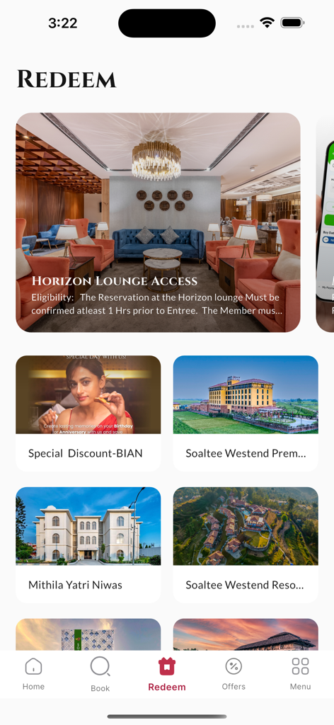 Redeem rewards screen in the Soaltee Heritage Club app showing luxury hotel and lounge options across Nepal