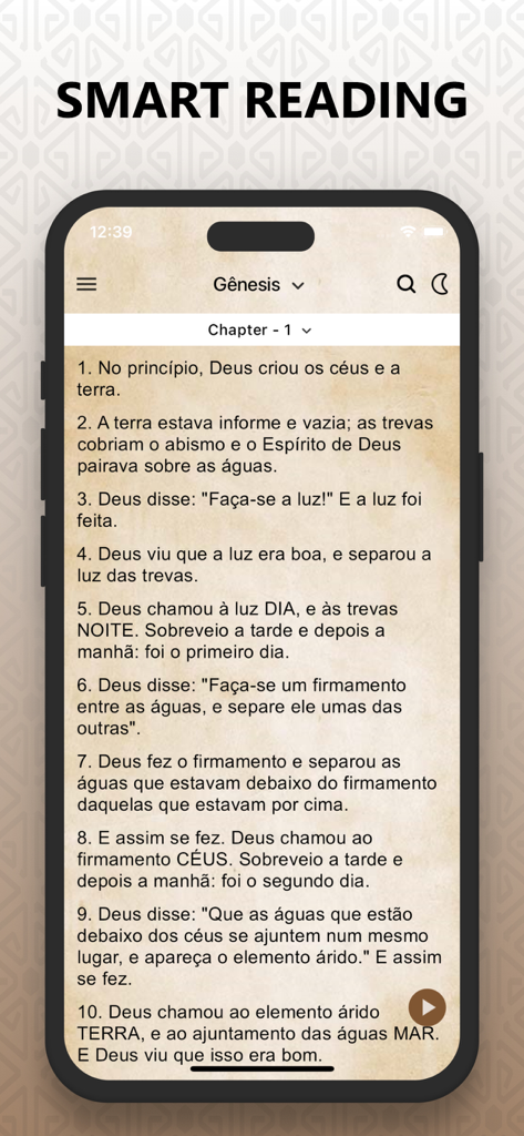 Bíblia Sagrada Ave Maria Pro - Interface do aplicativo da Bíblia em português mostrando Gênesis Capítulo 1 com o recurso de leitura inteligente