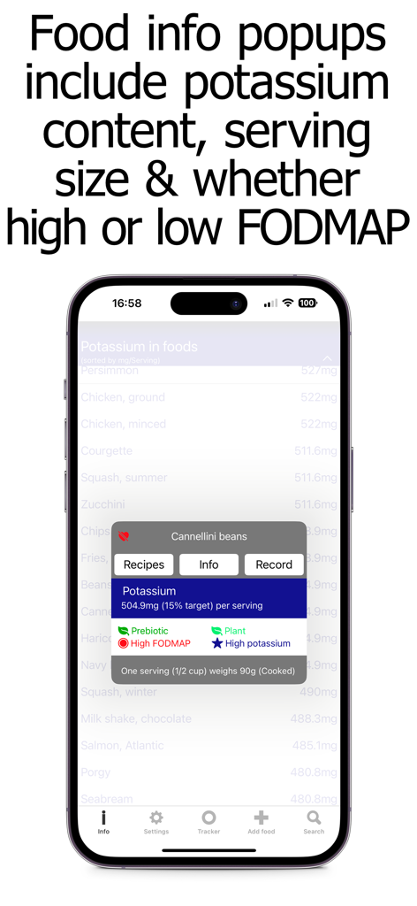 A mobile app screenshot showing a food information popup for cannellini beans including potassium levels and FODMAP status