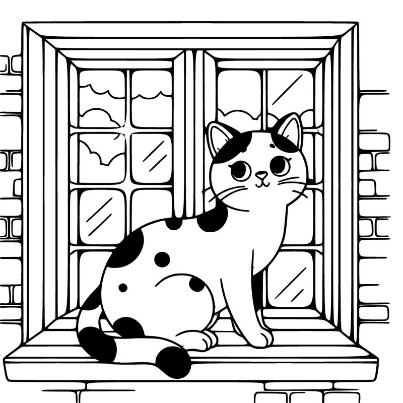 white with black spot cat in a window