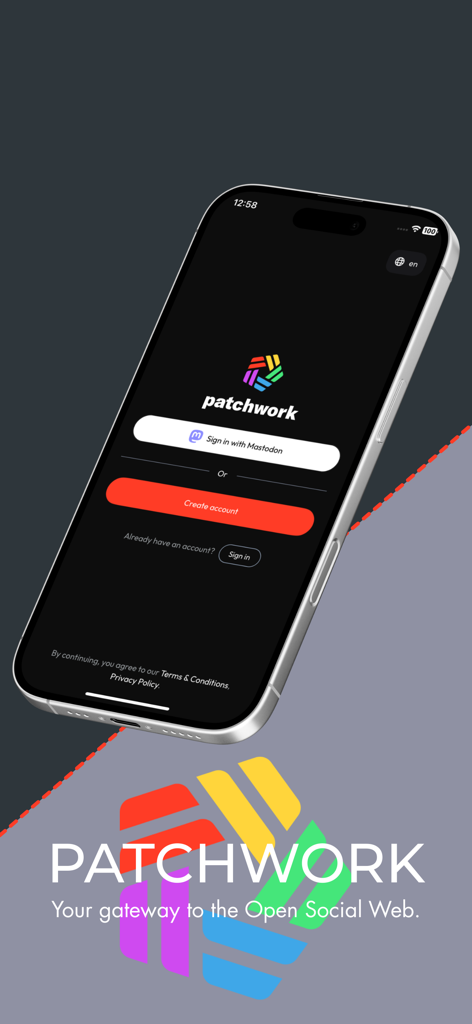 Patchwork: Your Social Media - Patchwork social media app login screen on a smartphone featuring a Sign in with Mastodon button and the tagline Your gateway to the Open Social Web.