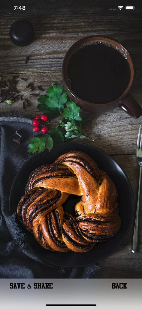 High resolution 4K wallpaper of a poppy seed pastry and coffee on a rustic wooden table