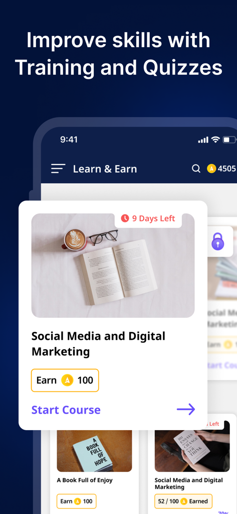 Ein Bildschirm der Accrue-App, der einen Social-Media-Marketingkurs und gesammelte Belohnungspunkte für Schulungen zeigt.
